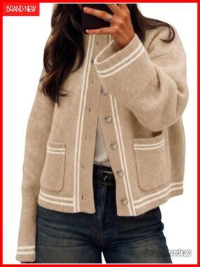 Chunky Knit Cardigan Striped Trim Mock Neck Trendy Sweater